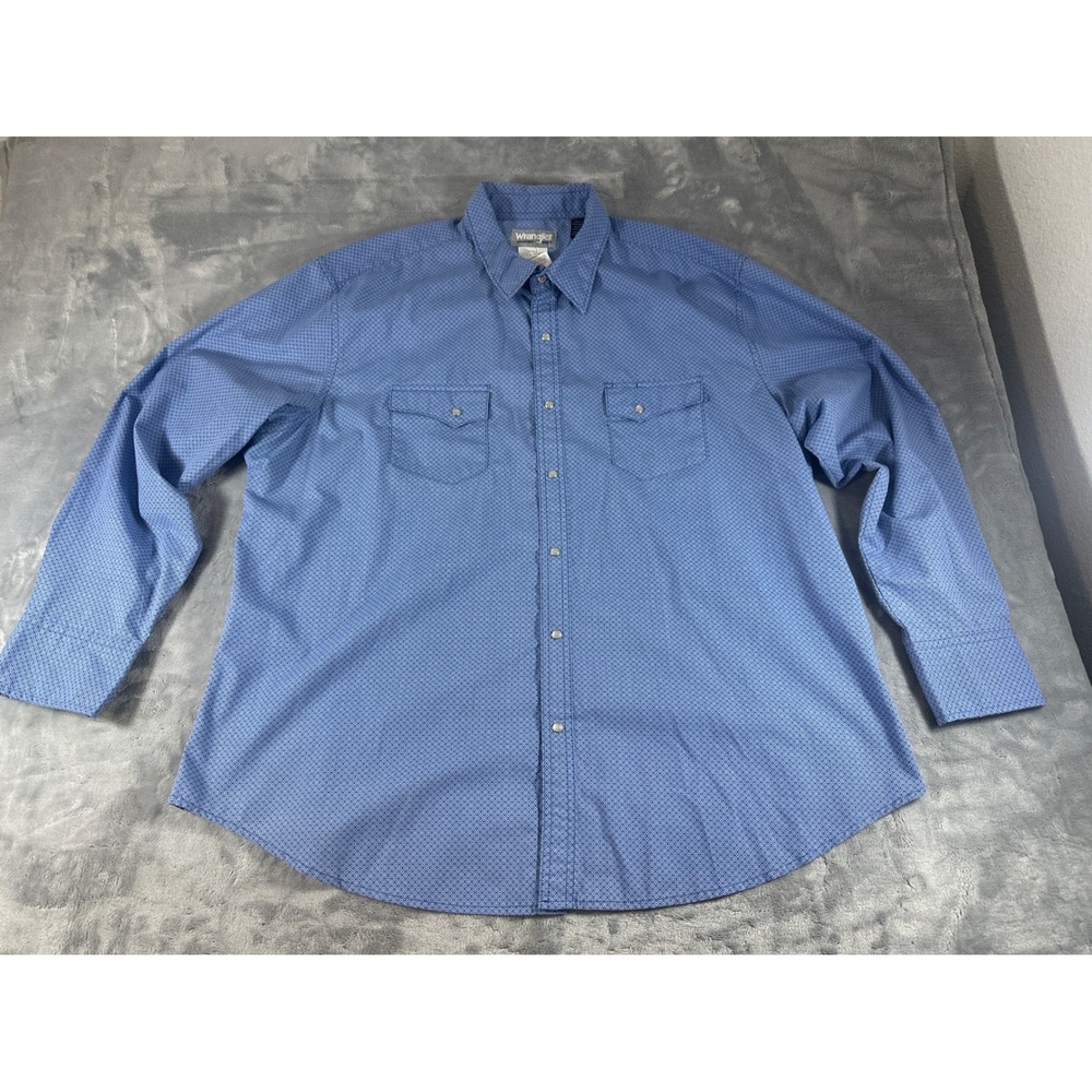 Wrangler Wrancher Mens XXL Blue Geometric Pearl Snap Western Long Sleeve Shirt